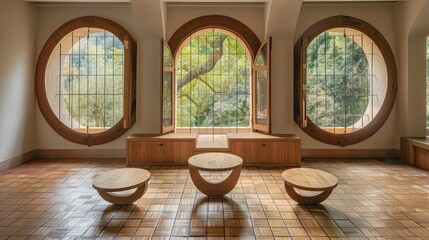 Living room interior in minimalist style. Round windows in the interior of the apartments. East style. Japanese style