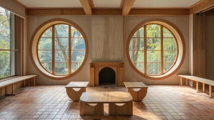 Living room interior in minimalist style. Round windows in the interior of the apartments. East style. Japanese style