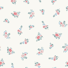 Delicate watercolor seamless pattern depicting pink, red and blue flowers with green leaves on a light background.