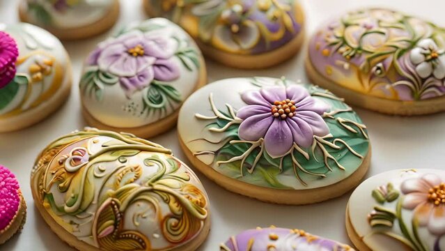 A selection of handpainted sugar cookies shaped like Easter eggs and decorated with intricate designs showcasing the talent and creativity of the baker.