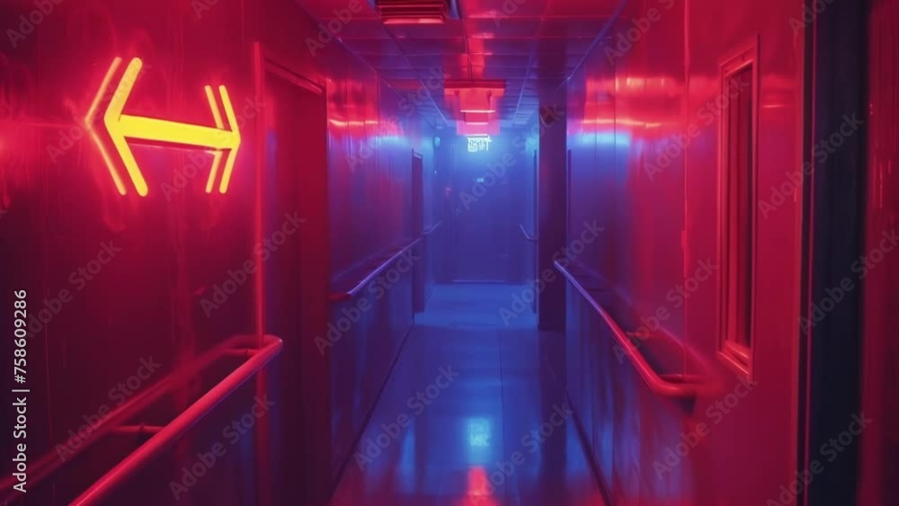 Poster a set of photoluminescent arrows in bold fluorescent colors point towards the nearest emergency exit