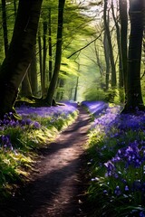 path leading through a forest carpeted with bluebells