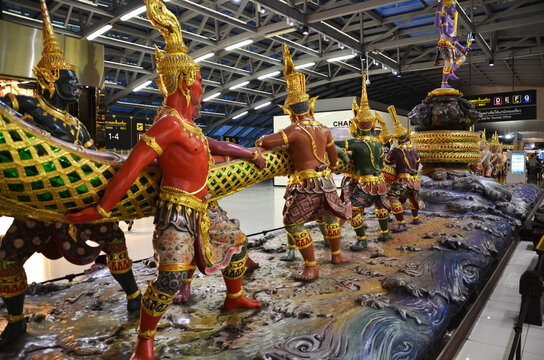 Churning of the Milk Ocean sculpture at Suvanabhumi Airport, Bangkok