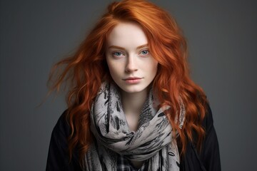 Portrait of a beautiful red-haired girl in a gray scarf.
