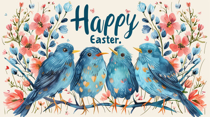 Three colorful birds perch on a blooming branch, celebrating Easter with cheer and happiness,Easter Vector Illustration Background