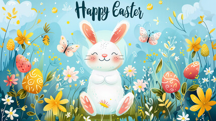 A fluffy bunny sits peacefully amidst a vibrant field of colorful flowers, enjoying the tranquility of nature, Easter Vector Illustration Background
