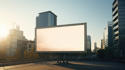 Large outdoor long white billboard commercial advertising mockup in daytime European city with tall buildings, street, and golden light created with Generative AI Technology