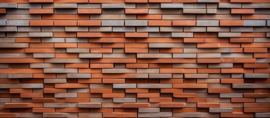 A closeup of a brown brick wall with a unique pattern created by rectangular bricks. The composite material gives the building a peachcolored appearance
