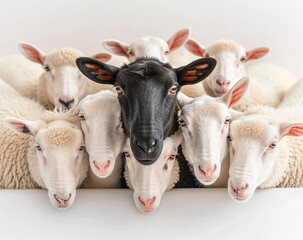 A Beautiful black sheep among a flock of white sheep, raising head as a leader Concept of standing out from the crowd, 
of being different and unique with its own identity and special skills among the