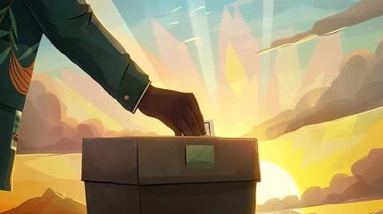 Deurstickers Illustration of a person casting a ballot into a box during a sunset symbolizing democracy and the power of voting © woret