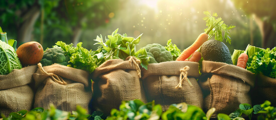 healthy vegetarian concept background of harvest fresh vegetables on burlap - obrazy, fototapety, plakaty