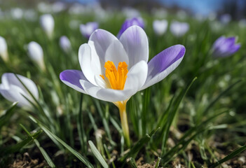 sky blue Single white green crocus grass flower Spring Background Summer Nature Easter Leaf Sun Floral Beauty Garden Color Plant Colorful Environment Growth Field