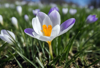 Fototapeta premium sky blue Single white green crocus grass flower Spring Background Summer Nature Easter Leaf Sun Floral Beauty Garden Color Plant Colorful Environment Growth Field