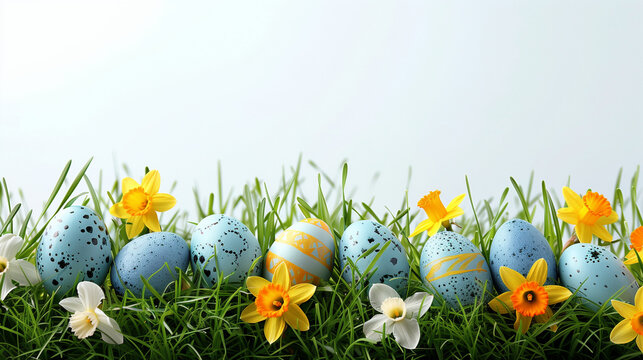 In a lush green grassy field, a row of beautifully decorated Easter eggs stands tall alongside cheerful daffodils, creating a colorful and festive scene, Easter Background 