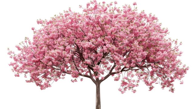 Beautiful cherry blossom flower tree with pink leaves on white background. AI generated image