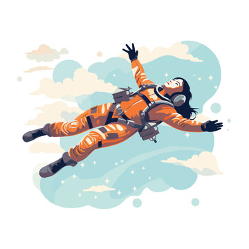 A woman astronaut floating in space reaching