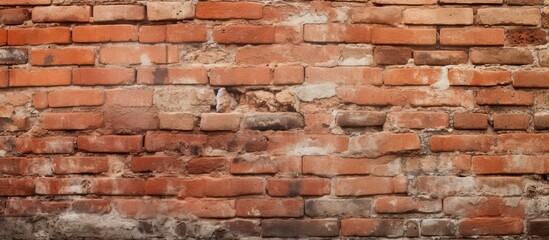 Closeup of a weathered brown brick wall displaying the intricate brickwork and composite material. The texture of the stones, soil, and wood adds depth to the old building