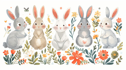 Obraz na płótnie Canvas A group of rabbits in various colors and sizes sit closely together in a field, their ears perked up and noses twitching as they survey their surroundings, Easter Background Vector Illustration