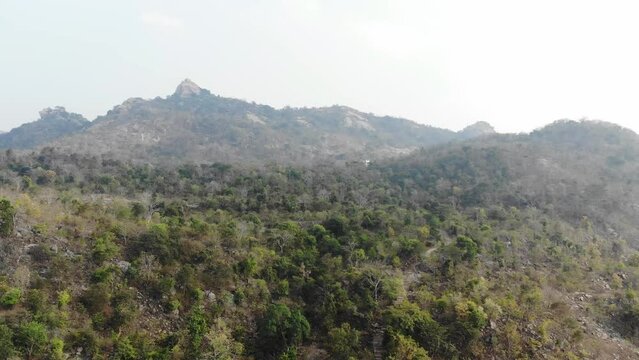 Aerial shot of mountains and forest near Maa Kauleshwari Temple, Chatra, Jharkhand, India.