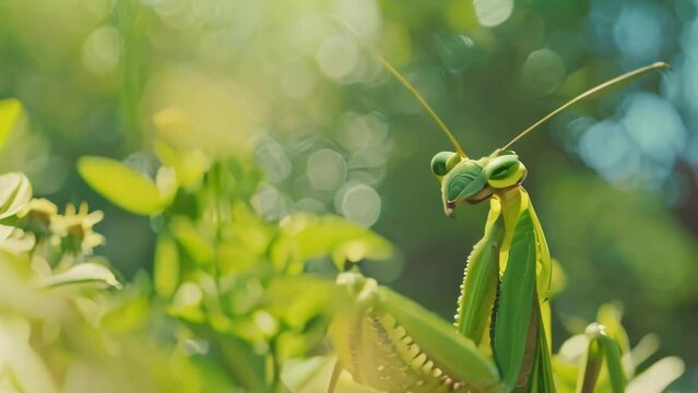 close up praying mantis with bokeh background. 4k video animation