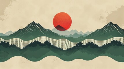 In Asian style, a landscape pattern of Japanese waves is combined with an abstract template of a geometric pattern.
