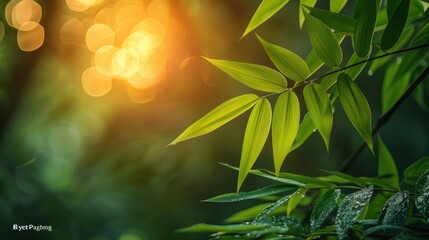 Bamboo leaves with sunlight and bokeh background, nature background