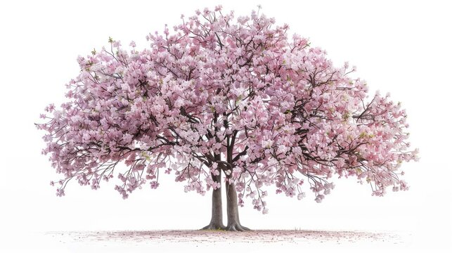 Beautiful cherry blossom flower tree with pink leaves on white background. AI generated image