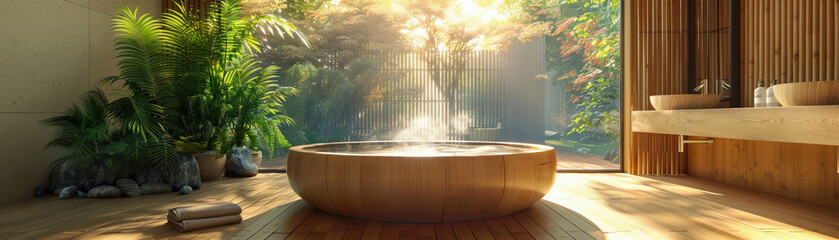 Peaceful modern bathroom incorporating traditional Japanese wooden bath.hyper realistic