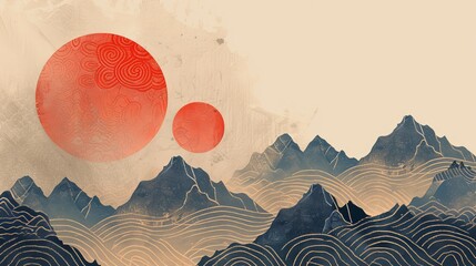 Landscape background with Japanese wave pattern. Abstract template design with geometric patterns. Mountain layout design in Asian style.