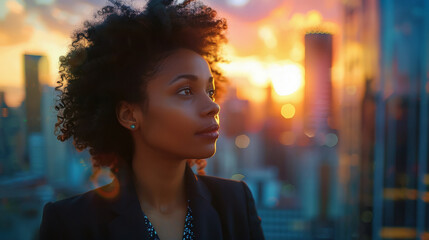 Successful black businesswoman in city at sunset contemplating investments