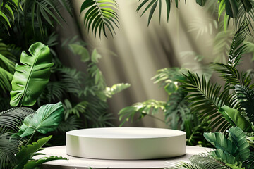 circular product podium presentation with jungle tropical plants background for advertisement - obrazy, fototapety, plakaty