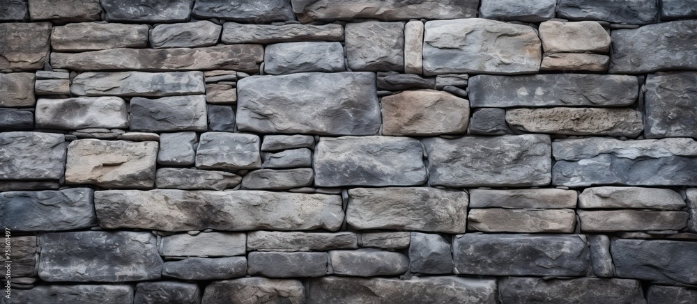 Poster a detailed closeup of a stone wall constructed with various bricks, showcasing the intricate brickwo