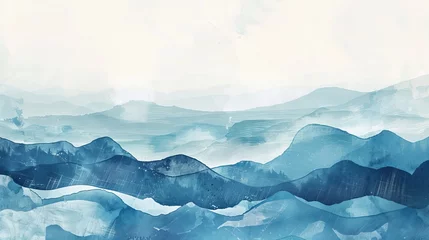 Rolgordijnen Vintage style Japanese ocean waves with blue brush stroke texture. Abstract art landscape banner design with watercolor texture. © Mark
