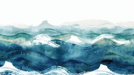 Watercolor brush stroke texture featuring Japanese ocean wave pattern in vintage style. Abstract art landscape art banner design with watercolor texture.