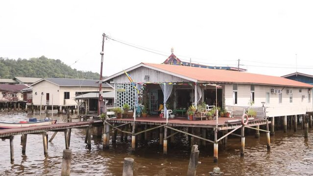 stilted houses on the river in the floating villages of Kampong Ayer in Bandar Seri Bagawan in Brunei Darussalam
