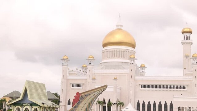 traditional boat used for religious ceremonies on the pond in front of Sultan Omar Ali Saifuddien Mosque in Bandar Seri Bagawan in Brunei Darussalam

