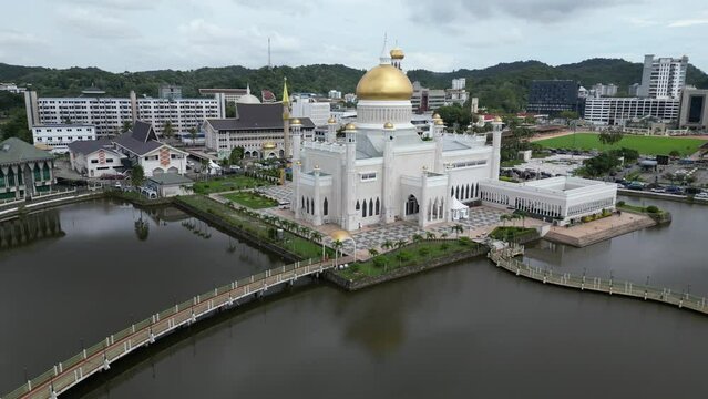 aerial drone shot of Sultan Omar Ali Saifuddien Mosque in Bandar Seri Bagawan in Brunei Darussalam
