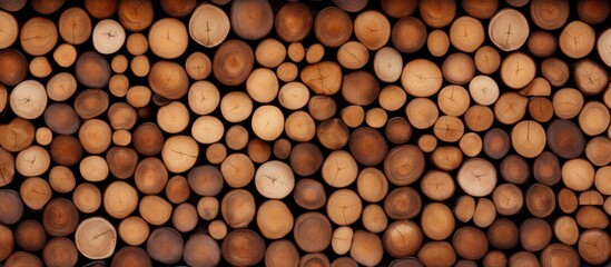 A stack of lumber logs creates a beautiful pattern of wood circles when viewed up close, resembling...
