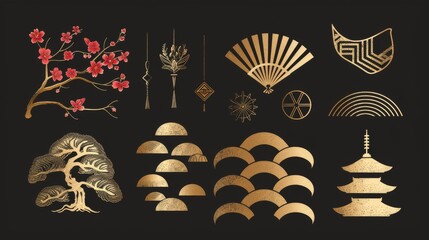 Decorative pattern modern with cherry blossom flowers, bonsai, fans, and waves. Gold geometric icon and logo.
