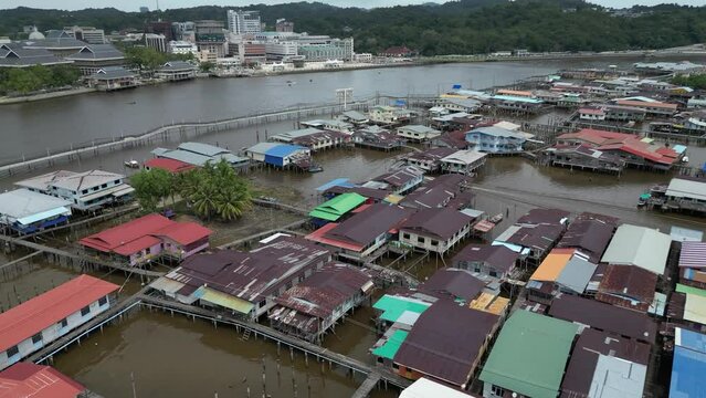 aerial drone shot of the floating villages of Kampong Ayer in Bandar Seri Bagawan in Brunei Darussalam

