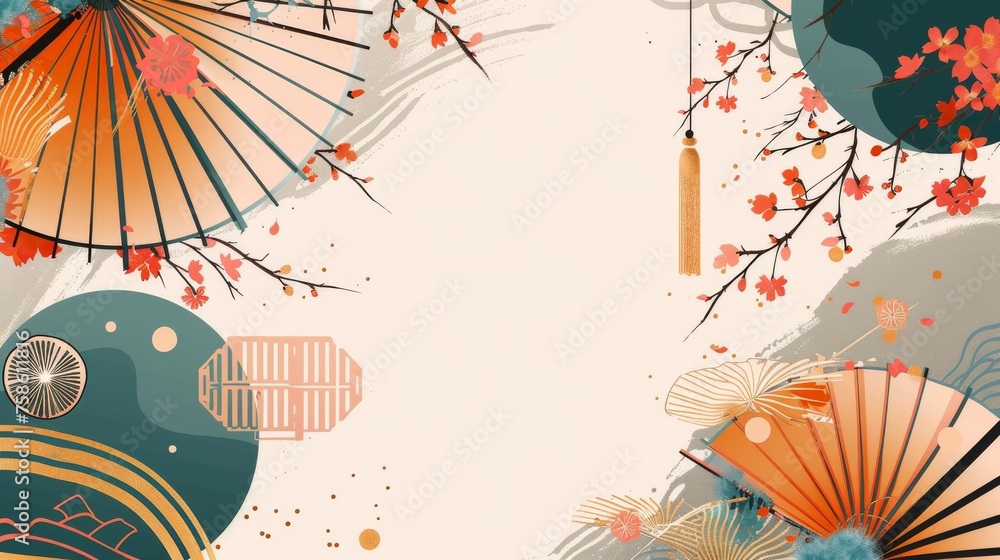 Poster this template modern is in japanese style with a geometric background and umbrellas. there is also a