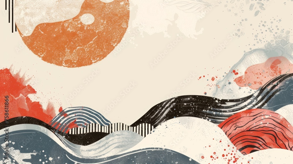 Poster an abstract geometric pattern with a japanese wave background.