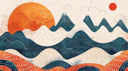 Modern modern of a hand drawn wave on Japanese background. Abstract template with geometric pattern. Mountain layout design in oriental style.
