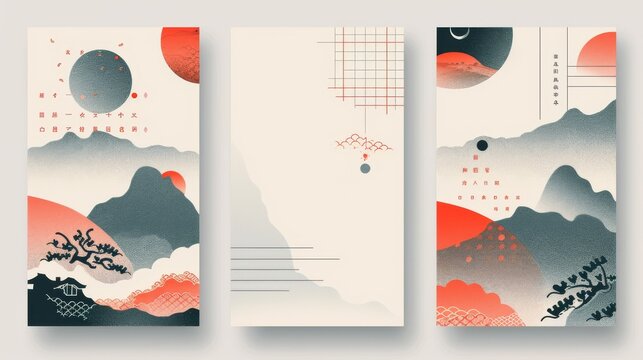 Set of Japanese template moderns with geometric background and Chinese style gradient abstract cover.