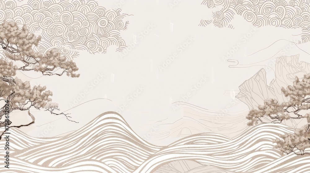 Wall mural template modern in japanese style. zen garden background with japanese wave pattern. chinese sea in 