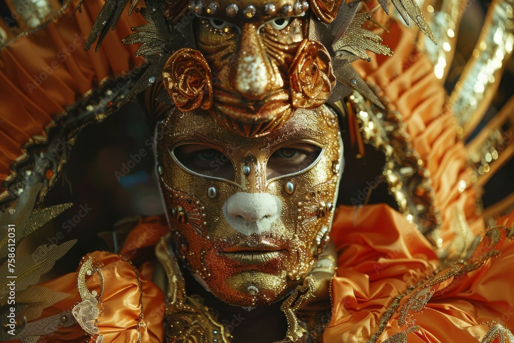 Poster a close-up of a person with a gold mask and feathers. generative ai.