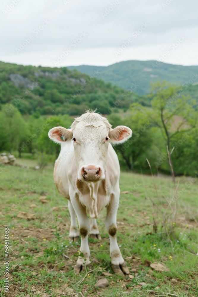 Poster a cow standing in a field with trees in the background. generative ai.