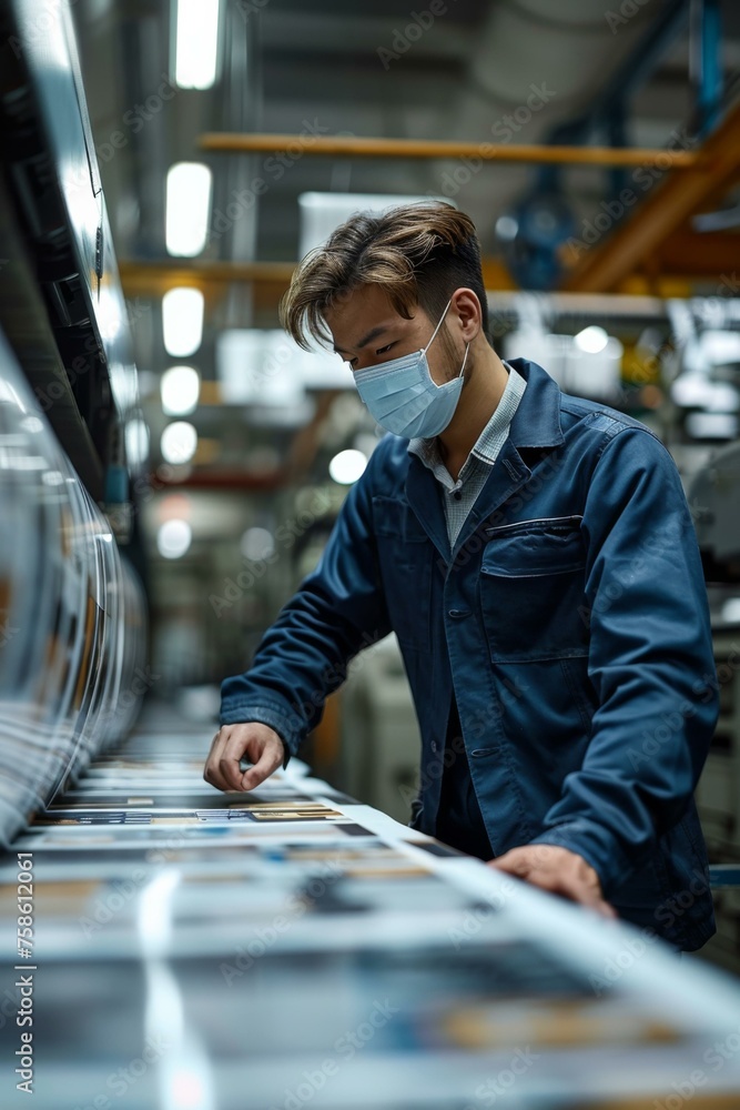 Aufkleber a man in a face mask working on a machine in a factory. generative ai.