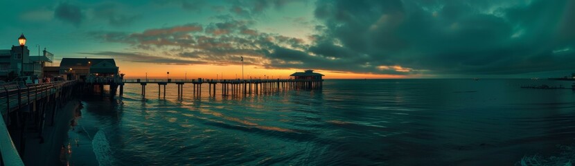 A pier is seen in the distance at sunset with clouds in the sky. Generative AI.
