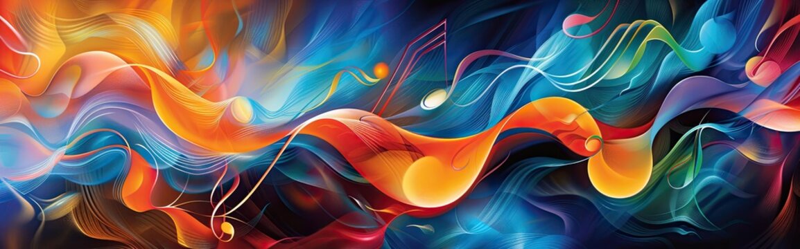 An abstract representation of sound waves or music notes, expressed through vibrant colors and dynamic shapes